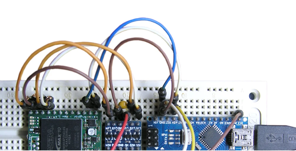 Kryptor FPGA connected to an Arduino Nano on a breadboard